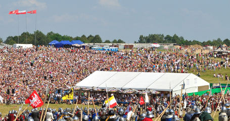 Festival Marquees with large crowds at medieval Re-enactment