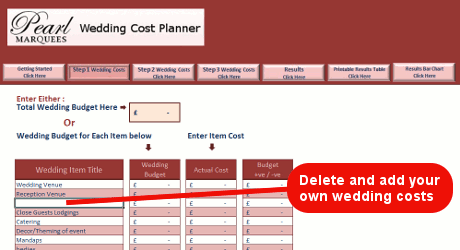 Wedding Budget Planner showing where to add your own items